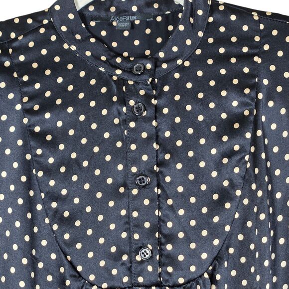 Alice Ritter Shirt Dress Womens 2 100% Silk Black Gold Polka Dot Rounded Hem - Picture 3 of 9